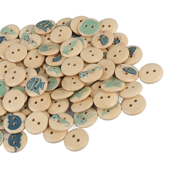 100 stk Assorterte Trykte Treknapper 2 Hull Runde Dekorative Treknapper for Syhåndverk Loggfarge Hav