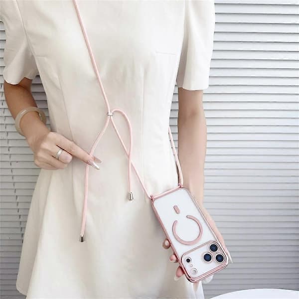 【YD】Compatible with iPhone 17 Pro Max Case Compatible with MagSafe Electroplating TPU Phone Case with Long Lanyard Black
