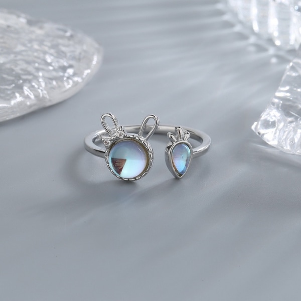 Cute Rabbit Moonstone Opening Rings For Women Korean Sweet Shiny Zircon Adjustable Finger Ring Female Trendy Party Jewelry Gift