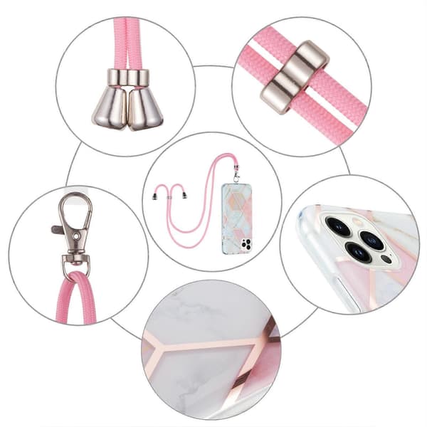 For iPhone 15 Pro Galvanisering Skjøting Marmormønster IMD TPU Støtsikkert Deksel med Halsstropp Pink White
