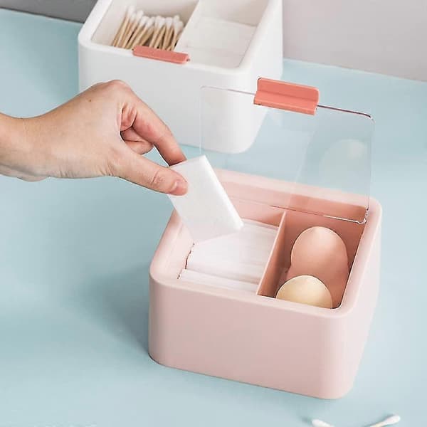 1 st bomullspinnhållare, förvaringsställ med transparent lock, bomullsrondellbox, rosa