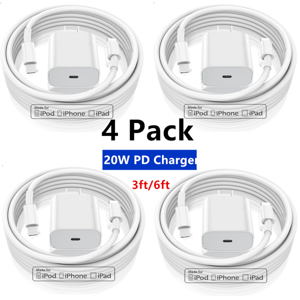 4-pakning - Lader til iPhone - Hurtiglader - Adapter + Kabel 20W Hvit