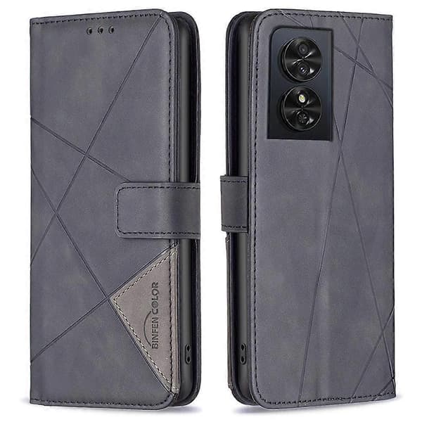 【YD】Leather Wallet Case for TCL 50 SE with Geometric Embossing Black
