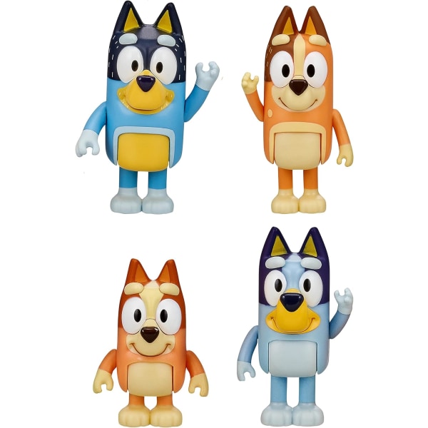 Bluey and Family 4 pakke med 2,5-3" Bluey, Bingo, Chili, Bandit Poseable Figurer