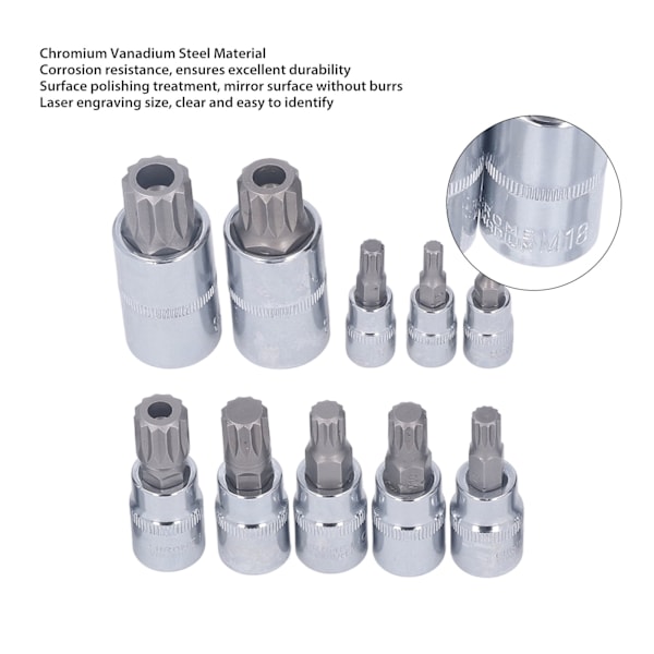 10-delers sett med trippel firkant spline bit-piper (M4 til M18) med oppbevaringsboks for 1/4\", 3/8\" og 1/2\" fester
