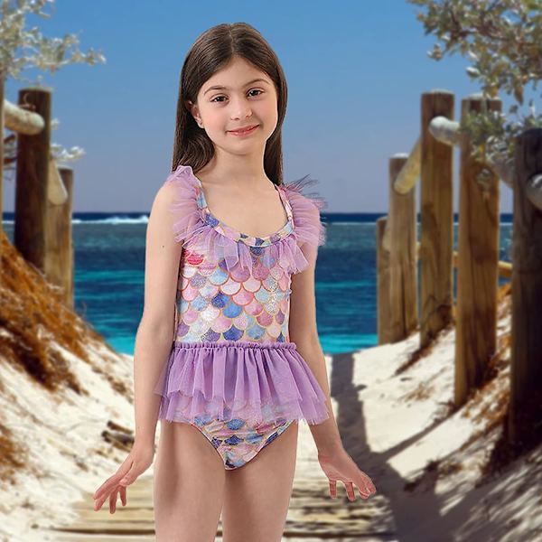 Flickor Barn 1-delad volang baddräkt i sjöjungfrustil för strand, sommarbadkläder Holiday Beachwear(Pp-M 120-130)