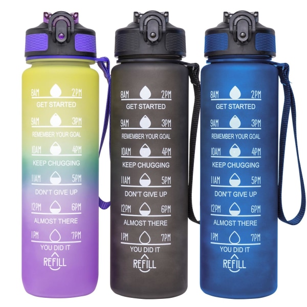 2-Pack - 1l vannflaske med sugerør og tidsmarkør - Velg farge! 2-Pack Blå