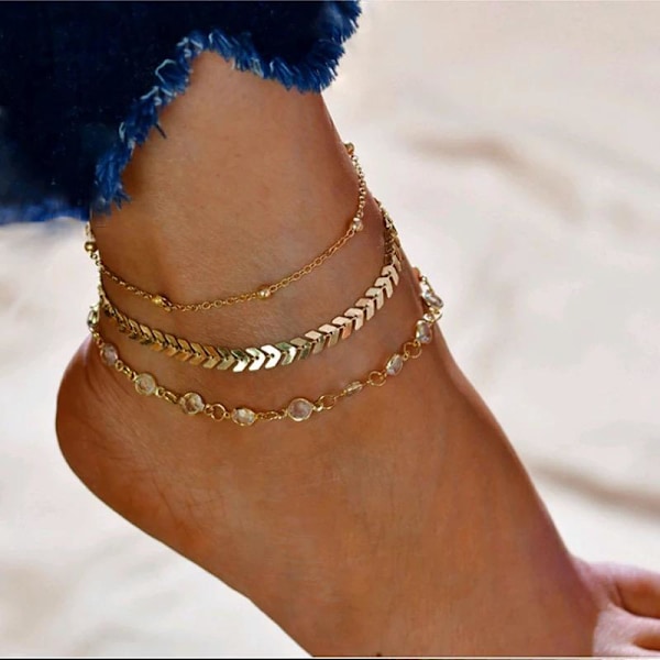 Foot Smycken Foot Link Ankel Link Foot Chain - 3 kedjor & Strass gold