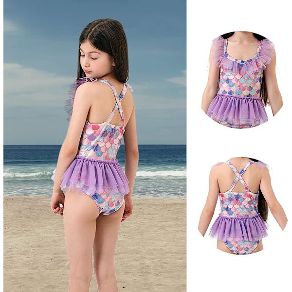 Flickor Barn 1-delad volang baddräkt i sjöjungfrustil för strand, sommarbadkläder Holiday Beachwear(Pp-M 120-130)