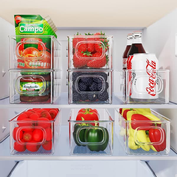 [YD]Fridge Organizer Set of 4, Stackable Storage Bins, Small Refrigerator Organizer Bins with Handles for Kitchen, Freezer, Pantry