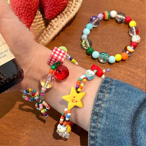 Armbånd – Håndlaget teksturmatchende perler – Hjerte stjerne frukt for barn elastisk armbånd A