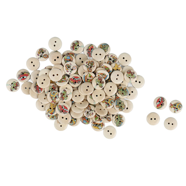 100 stk Assorterte Trykte Treknapper - 2 Hull Runde Dekorative Treknapper for Syarbeid - Loggfargede Biler