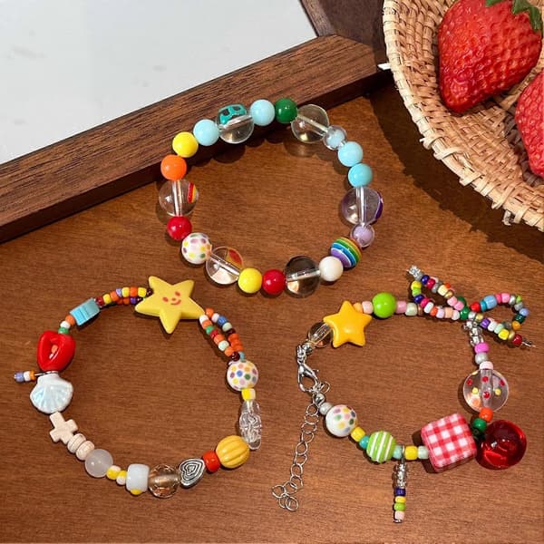 Armbånd – Håndlavet tekstur matchende perler – Hjerte stjernefrugt til børn elastisk armbånd B