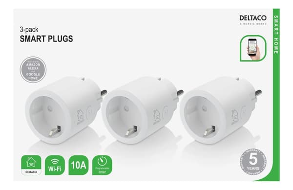 【YD】DELTACO SMART HOME-strømafbryder, WiFi, 1xCEE 7/3, 10A, timer, 3-pak 220