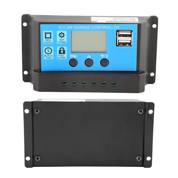 12V 24V Dobbel USB Solcellepanel Laderegulator Regulator LCD-skjerm 10A - Svart/Gul