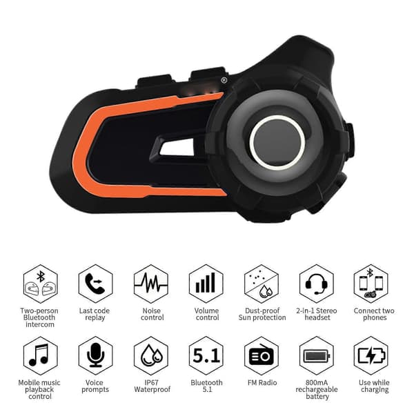 WUPP CS-1412A1 Bluetooth 5.1 S2 Motorcykelhjälm Full Duplex Bluetooth Intercom Headset Hörlurar (Blå) Orange