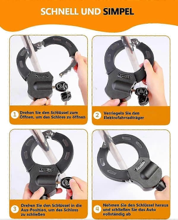 【YD】E Scooter Lock, Handcuff Lock with Key, E Scooter Lock with Rubber Sleeve, High Security Bicycle Lock, 90 cm, Ideal for E-scooters, Bicycles