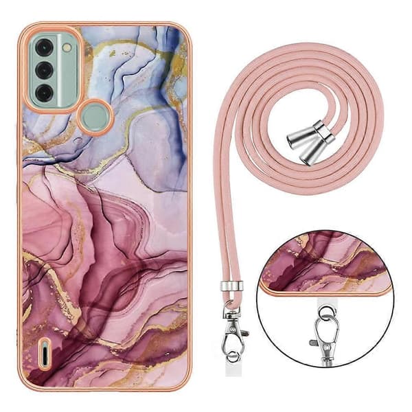 (Ny) Til Nokia C31 Galvanisering Marmor Dobbeltsidet IMD Telefoncover med Snor Rose Red 014