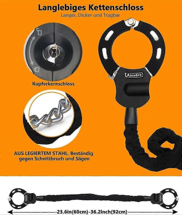 【YD】E Scooter Lock, Handcuff Lock with Key, E Scooter Lock with Rubber Sleeve, High Security Bicycle Lock, 90 cm, Ideal for E-scooters, Bicycles