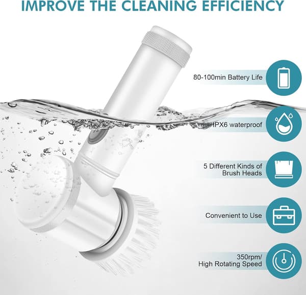 【YD】Electric Spin Scrubber Electric Cleaning Brush Cordless Power Scrubber with 5 Replaceable Brush Heads Handheld Power Shower Scrubber