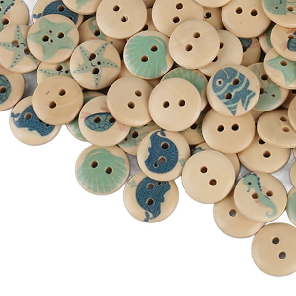 100 stk Assorterte Trykte Treknapper 2 Hull Runde Dekorative Treknapper for Syhåndverk Loggfarge Hav