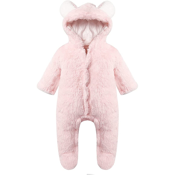 Newborn romper med björnmotiv med huva pink 3M