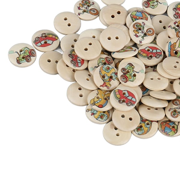 100 stk Assorterte Trykte Treknapper - 2 Hull Runde Dekorative Treknapper for Syarbeid - Loggfargede Biler