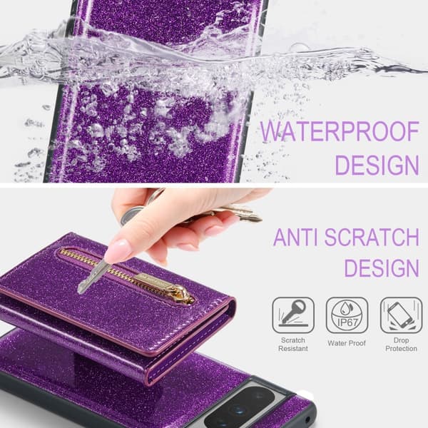 【YD】DG.MING Google Pixel 8 Pro Case Magnetic Wallet Glitter Purple 123