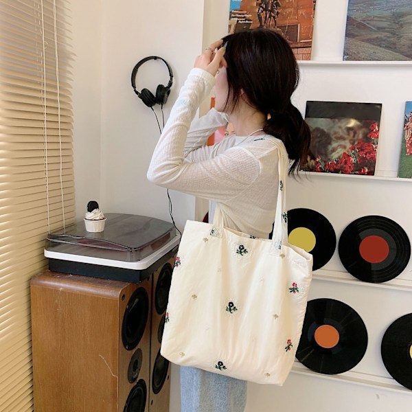 Elegant Stor Kapasitet Canvas Tote Bag med Blomsterbroderi for Bøker, Arbeid og Skole - Stilig Aprikosdesign, Én Størrelse