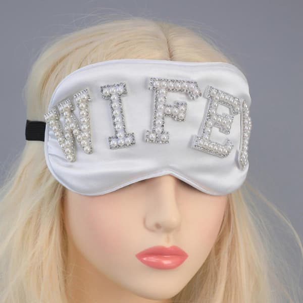 Brudögonmask med pärlor, sovmask BRIDE för möhippa, brudgåva, bröllopsdusch, vit BRIDE