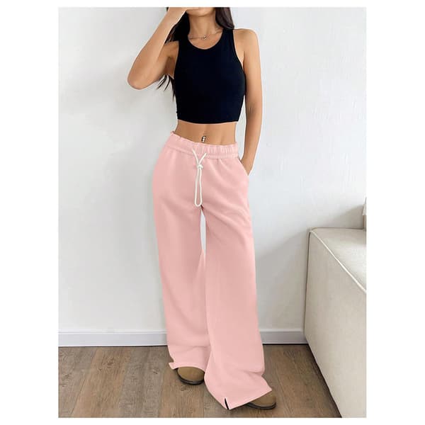 Brede sweatpants for kvinner, høy midje, rette ben, snøring, elastisk midje Pink Pink L