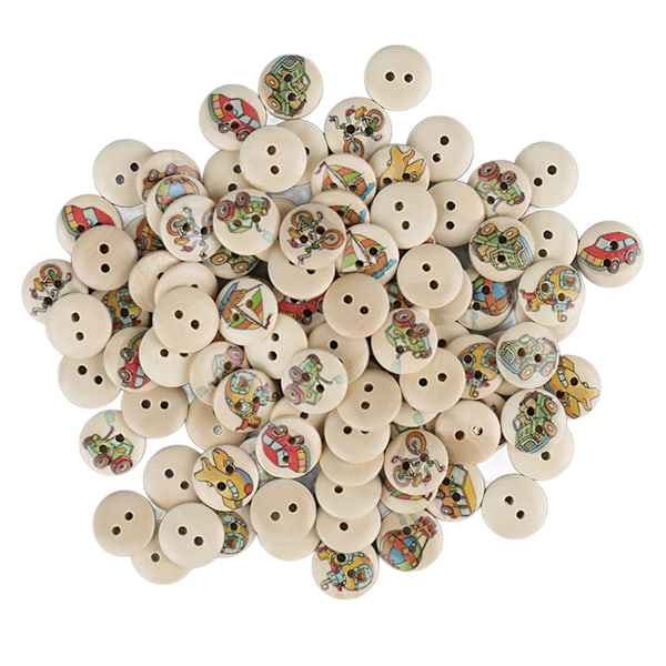 100 stk Assorterte Trykte Treknapper - 2 Hull Runde Dekorative Treknapper for Syarbeid - Loggfargede Biler