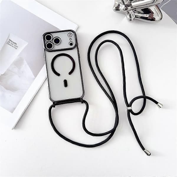 【YD】Compatible with iPhone 17 Pro Max Case Compatible with MagSafe Electroplating TPU Phone Case with Long Lanyard Black