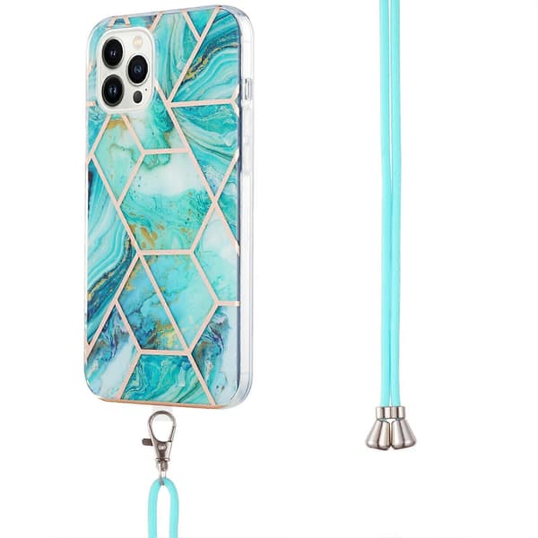 For iPhone 15 Pro Galvanisering Skjøting Marmormønster IMD TPU Støtsikkert Deksel med Halsstropp Blue