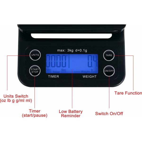 Digital köksvåg / kaffevåg 3 ​​kg/0,1 g noggrannhet Svart