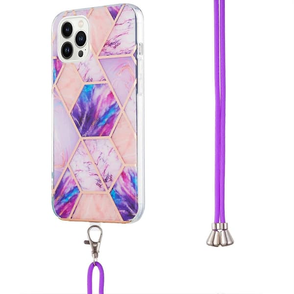 For iPhone 15 Pro Galvanisering Skjøting Marmormønster IMD TPU Støtsikkert Deksel med Halsstropp Light Purple