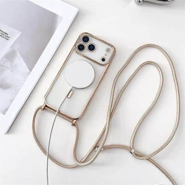 【YD】Compatible with iPhone 17 Pro Max Case Compatible with MagSafe Electroplating TPU Phone Case with Long Lanyard Blue
