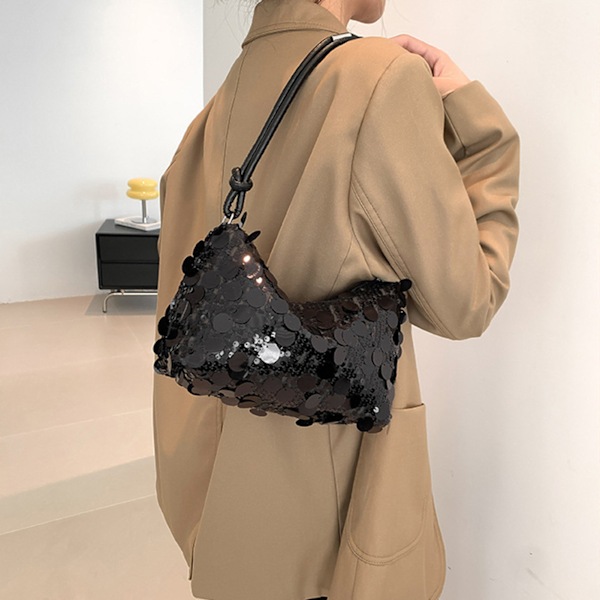 Moderigtig dame glitter paillet skuldertaske - Multifunktionel håndtaske til daglig brug, fester, arbejde og rejser i sort, One Size.