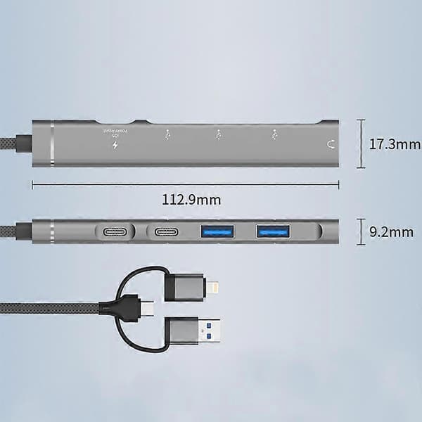 USB / Type-C / 8 Pin til 3.5mm, PD, 2 x USB, Type-C HUB Adapter 5 i 1 Dockingstation 5-i-1 3.5mm Silver
