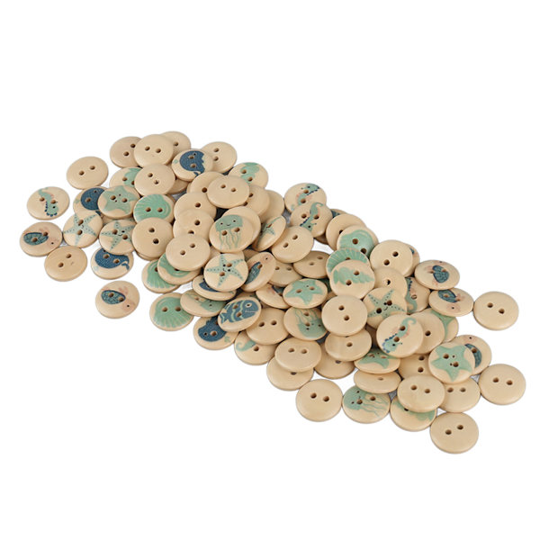 100 stk Assorterte Trykte Treknapper 2 Hull Runde Dekorative Treknapper for Syhåndverk Loggfarge Hav