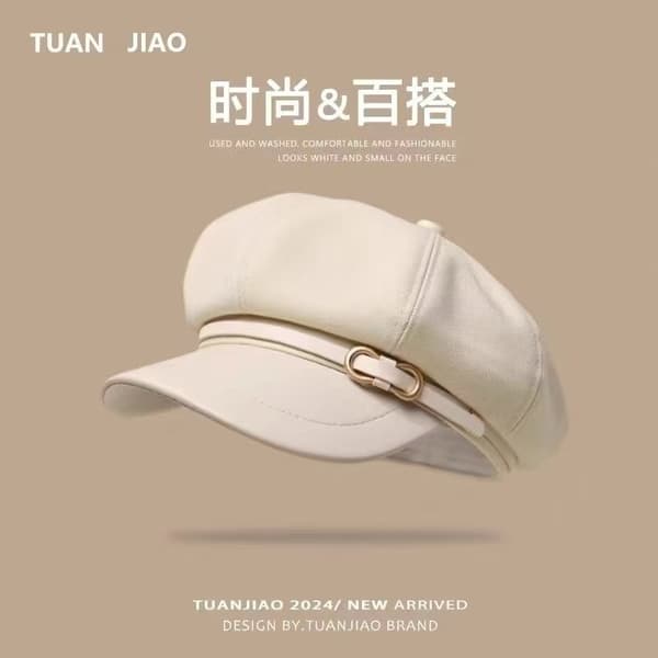 【YD】Women's Octagonal Cap with Eight-Shaped Buckle - Beige Beige