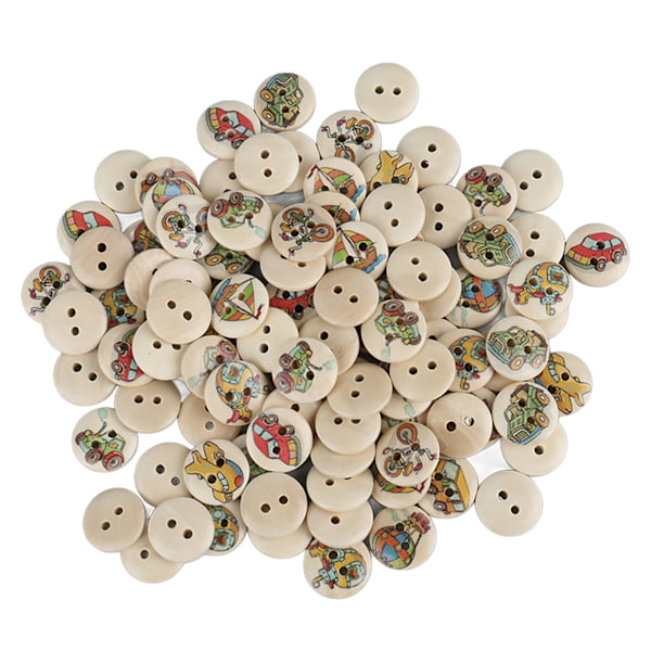 100 stk Assorterte Trykte Treknapper - 2 Hull Runde Dekorative Treknapper for Syarbeid - Loggfargede Biler
