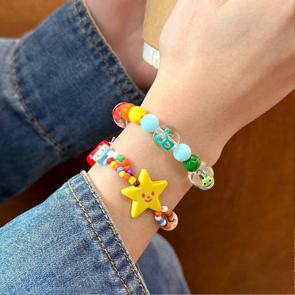 Armbånd – Håndlaget teksturmatchende perler – Hjerte stjerne frukt for barn elastisk armbånd B