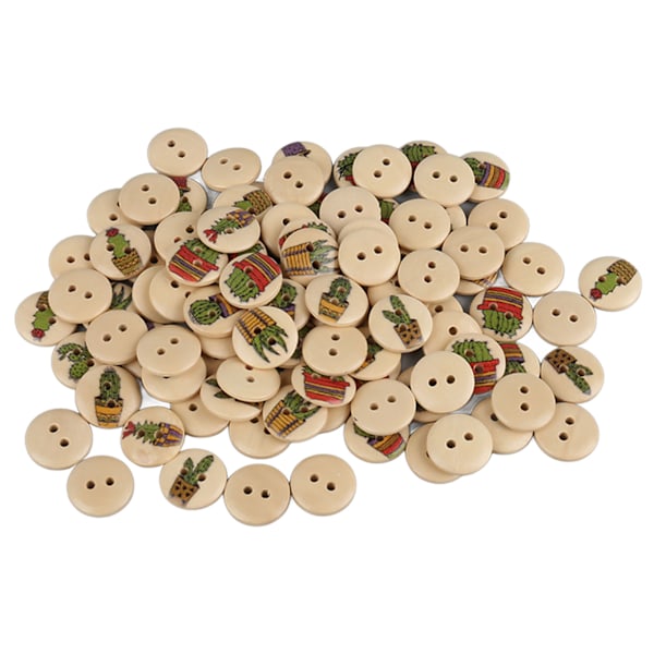 100 stk Assorterte Trykte Treknapper - 2 Hull Runde Dekorative Knapper til Syarbeid - Loggfarge Kaktus