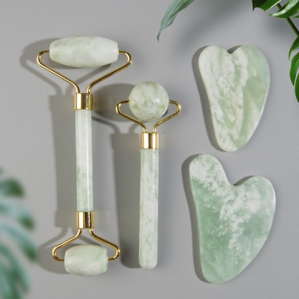 Naturlig Jade Face Roller Gua Sha Scraper Set Guasha massageverktyg Green A