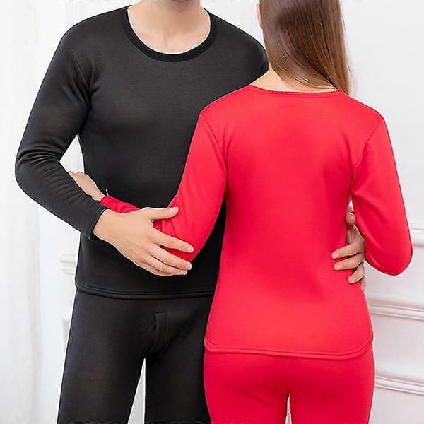 Termoundertøjssæt til mænd og kvinder, blødt termoundertøj med rund hals og plusfløjl, efterårsundertøj, varmt basislag top og bund til vinter 2XL Black