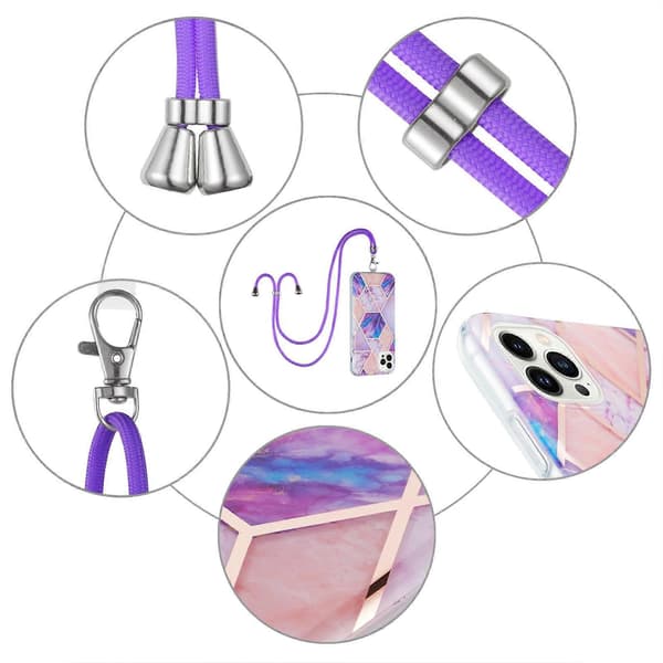 For iPhone 15 Pro Galvanisering Skjøting Marmormønster IMD TPU Støtsikkert Deksel med Halsstropp Light Purple