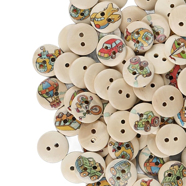 100 stk Assorterte Trykte Treknapper - 2 Hull Runde Dekorative Treknapper for Syarbeid - Loggfargede Biler