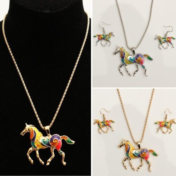 SØLV - Fargerik enhjørning hest anheng sett smykker halskjede øredobber gave kvinne eller jente