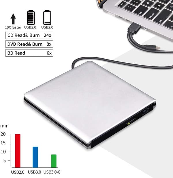 【YD】Eksternt 3D Blu-ray DVD-drev - til MacBook OS Windows xp/7/8/10 - Sølvgrå